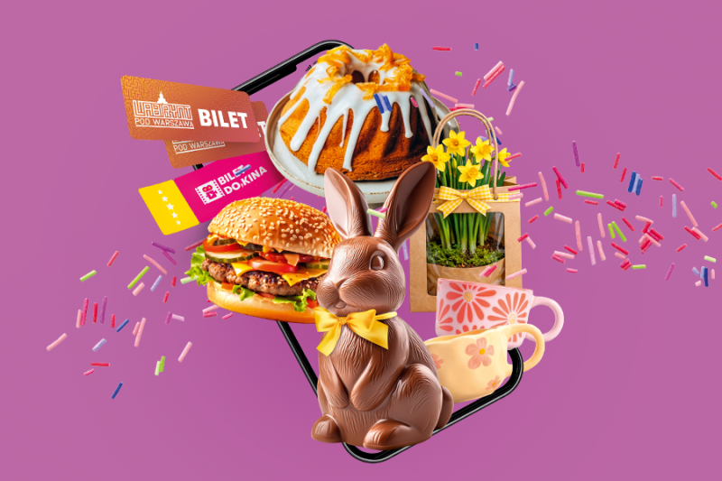 Grafika wielkanocna na wydarzenie w Galerii Młociny Skanuj kody i odbieraj nagrody na wielkanoc. Na grafice są zaprezentowane elementy świąteczne takie jak wielkanocny zając, babka świąteczna, kwiatki i kubki a także bilety do kina. Grafika jest stworzona jako kolaż na fioletowym tle.