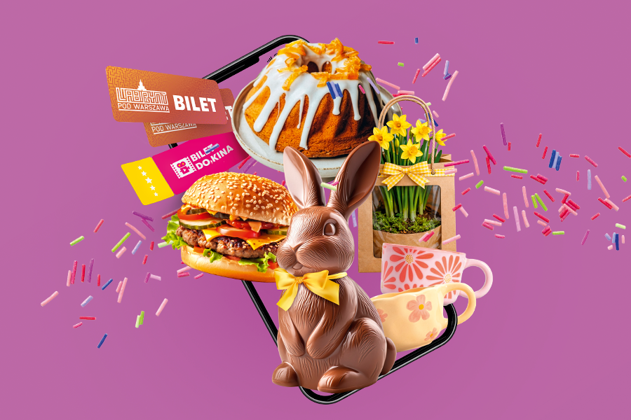 Grafika wielkanocna na wydarzenie w Galerii Młociny Skanuj kody i odbieraj nagrody na wielkanoc. Na grafice są zaprezentowane elementy świąteczne takie jak wielkanocny zając, babka świąteczna, kwiatki i kubki a także bilety do kina. Grafika jest stworzona jako kolaż na fioletowym tle.