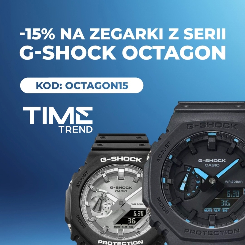 Grafika przedstawiazegarki G-SHOCK OCTAGON w dwóch różnych kolorach. Informuje o rabacie -15% na zegarki z serii OCTAGON z kodem: OCTAGON15