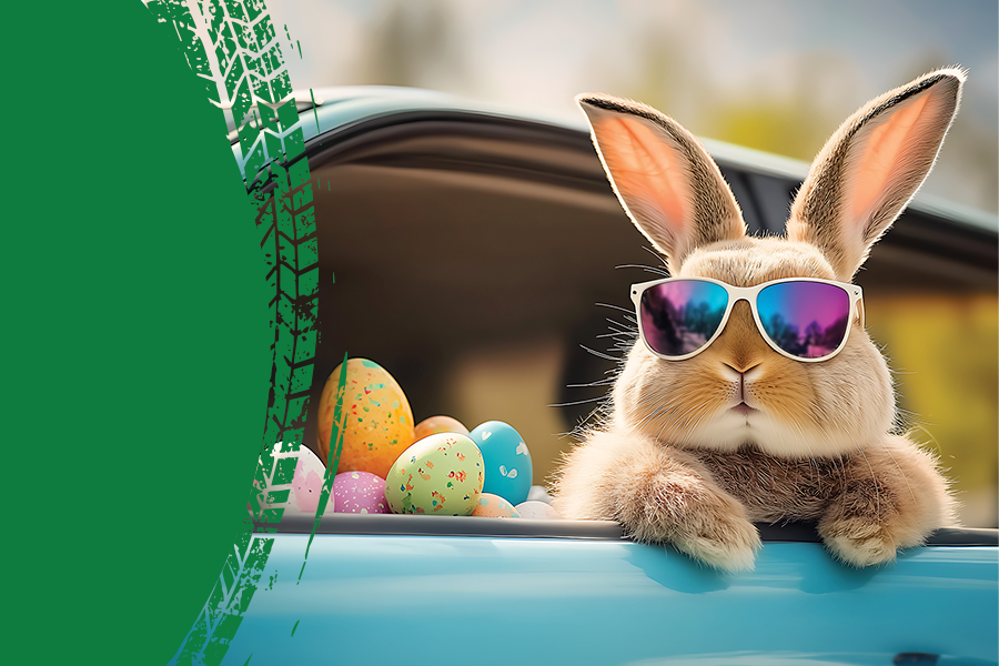 Grafika przedstawiająca zająca w aucie, informacja o bezpłatnym parkowaniu 3-4 kwietnia w Galerii Młociny.