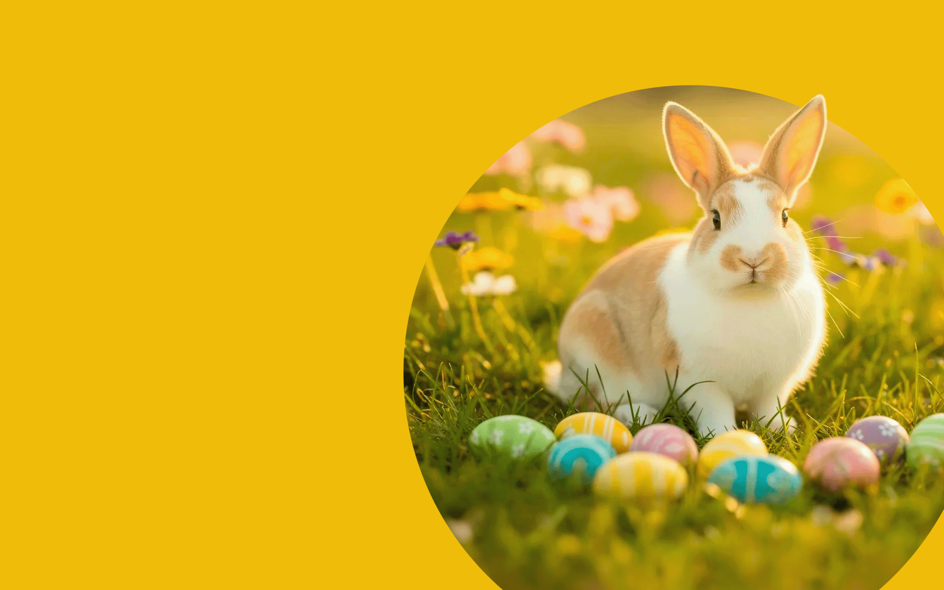 Puszysty biały zajączek wielkanocny na tle wiosennej łąki z kolorowymi pisankami. Grafika świąteczna Galerii Młociny.