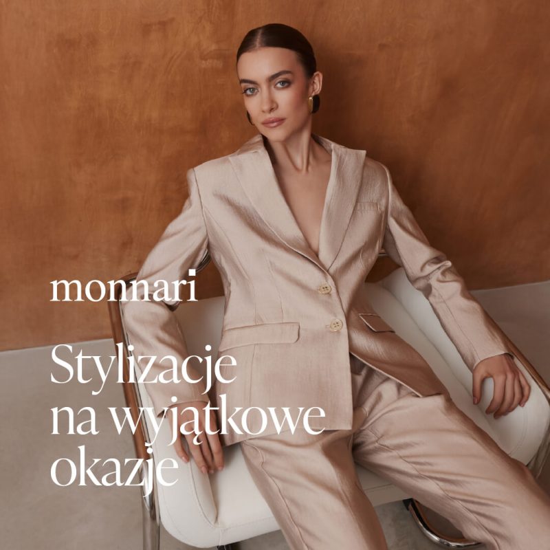 Na zdjęciu kobieta w eleganckiej styliazcji Monnari, promująca stylizacje na wyjątkowe okazje.
