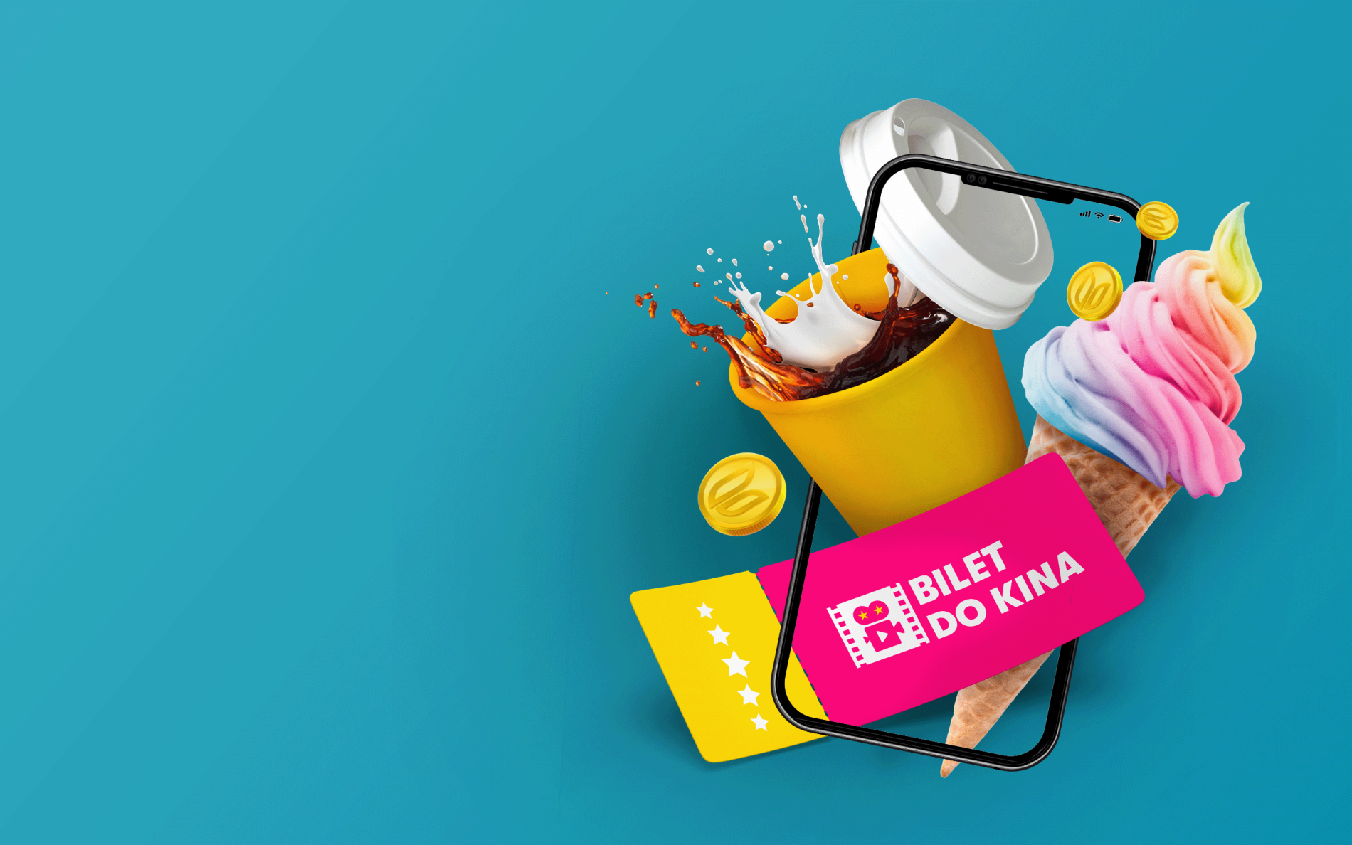 Grafika przedstawiająca bilety do kina telefon aplikację lody i kawę