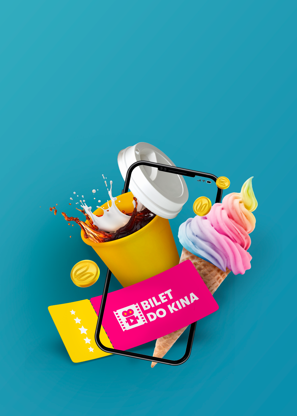 Grafika przedstawiająca bilety do kina telefon aplikację lody i kawę