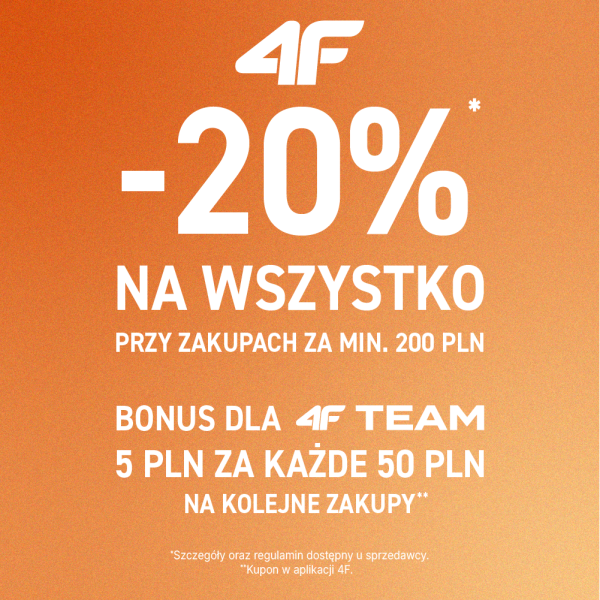 Grafika promocyjna akcji rabatowej w salonie 4F, prezentująca korzyści dla członków programu lojalnościowego.
