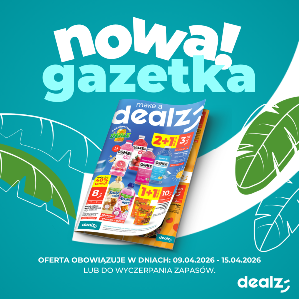 Mockup najnowszej gazetki promocyjnej sklepu Dealz w Galerii Młociny. Grafika prezentuje ofertę \