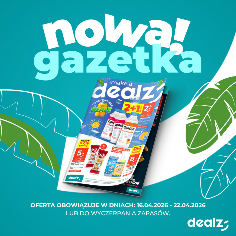 Grafika promocyjna nowej gazetki „Make a Dealz”, prezentująca wybrane produkty spożywcze i drogeryjne w promocyjnych cenach.