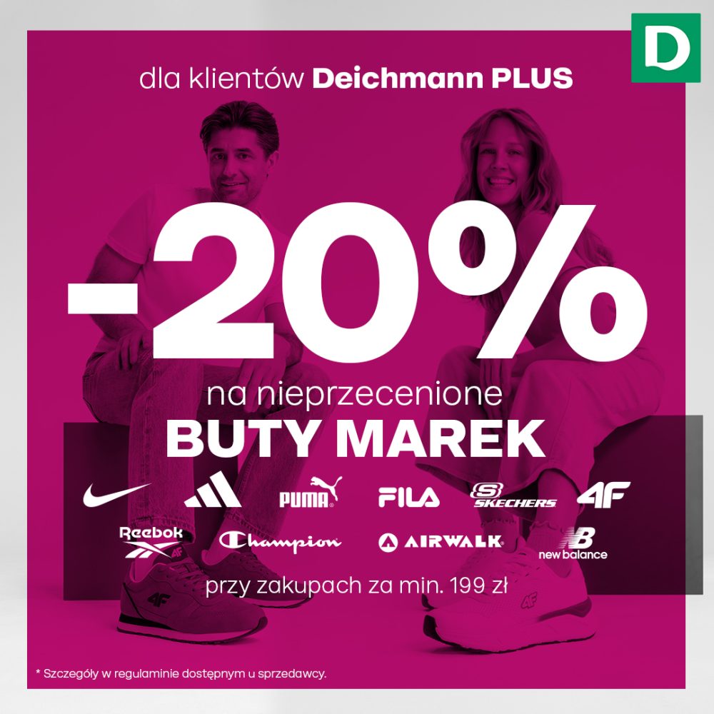 Grafika promocyjna sklepu Deichmann z informacją o promocji -20% na nieprzecenione buty markowe.