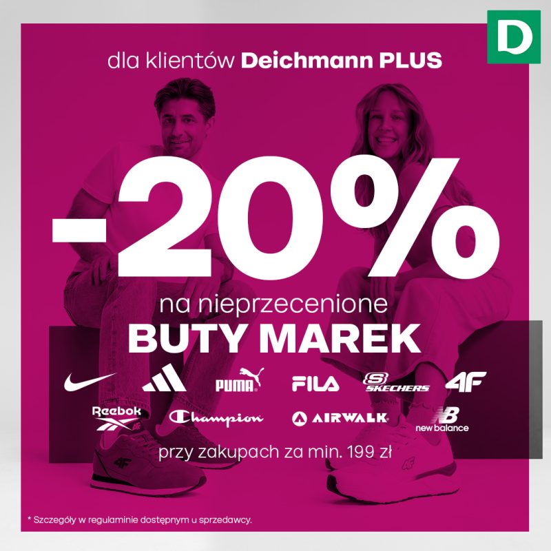 Grafika promocyjna sklepu Deichmann z informacją o promocji -20% na nieprzecenione buty markowe.