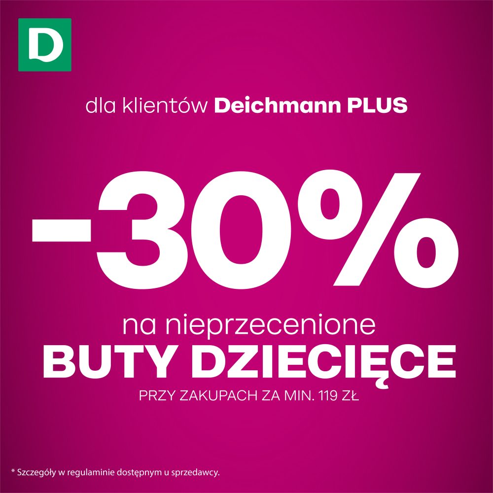 Grafika utrzymana w różowo-fioletowej kolorystyce informująca o rabacie –30% na nieprzecenione obuwie dziecięce w sklepie Deichmann.