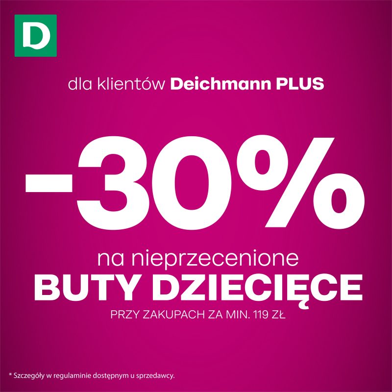 Grafika utrzymana w różowo-fioletowej kolorystyce informująca o rabacie –30% na nieprzecenione obuwie dziecięce w sklepie Deichmann.