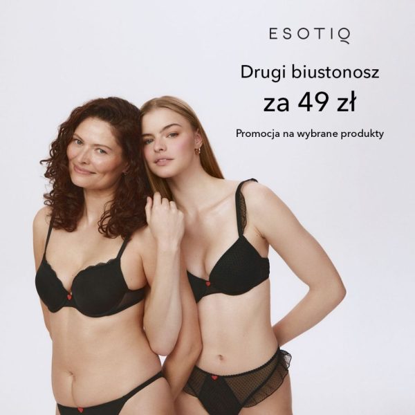 Dwie kobiety w czarnej bieliźnie Esotiq prezentujące promocję na drugi biustonosz w Galerii Młociny.