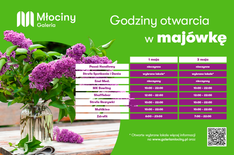 Grafika informacyjna o godzinach otwarcia Galerii Młociny w Warszawie podczas weekendu majowego.