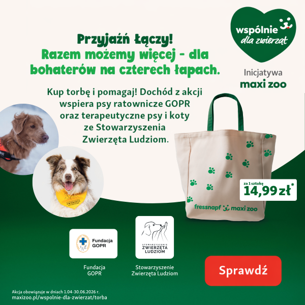Grafika promocyjna akcji charytatywnej Maxi Zoo w Galerii Młociny przedstawiająca torbę bawełnianą i psy ratownicze.