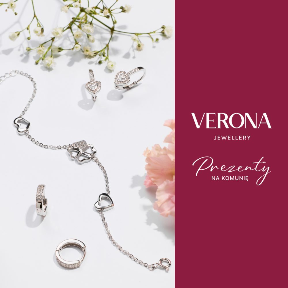 Srebrna bransoletka z motywem serc i eleganckie kolczyki jako pomysł na wyjątkowe prezenty na komunię w salonie Verona Galeria Młociny.