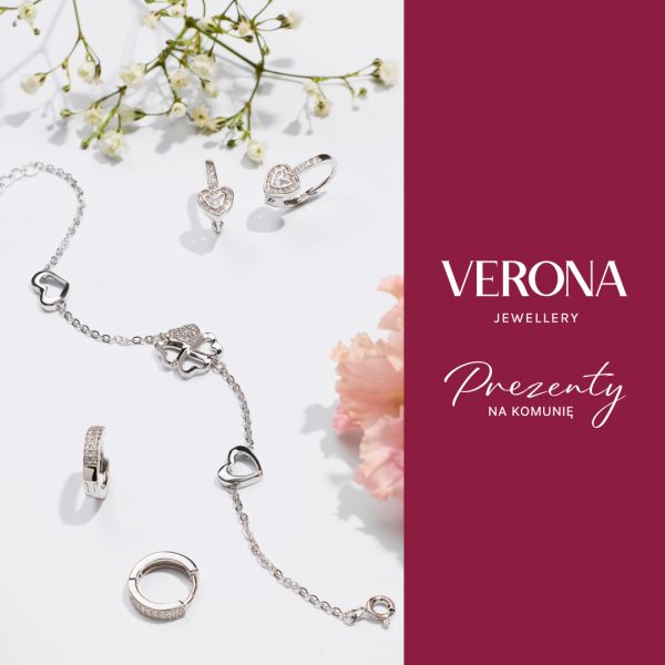 Srebrna bransoletka z motywem serc i eleganckie kolczyki jako pomysł na wyjątkowe prezenty na komunię w salonie Verona Galeria Młociny.