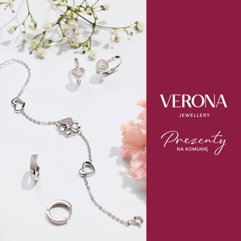 Srebrna bransoletka z motywem serc i eleganckie kolczyki jako pomysł na wyjątkowe prezenty na komunię w salonie Verona Galeria Młociny.