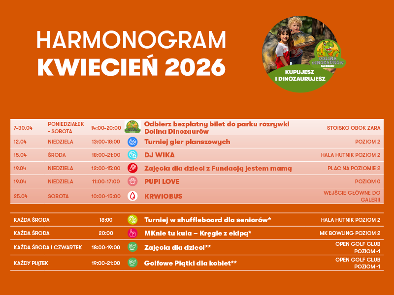 Harmonogram wydarzeń w Galerii Młociny na kwiecień 2026, w tym odbiór biletów do Doliny Dinozaurów, turniej gier planszowych i zajęcia dla dzieci.