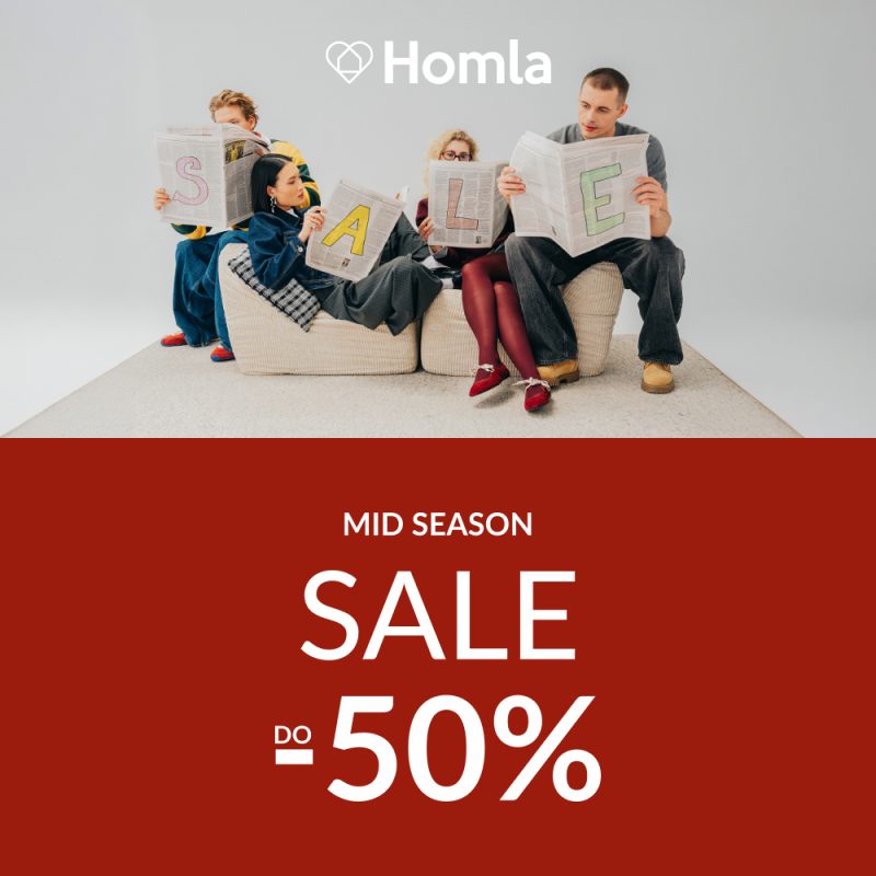 Baner promujący sezonową wyprzedaż Mid Season Sale w sklepie Homla. Informacja o rabatach sięgających 50% na asortyment wyposażenia wnętrz.