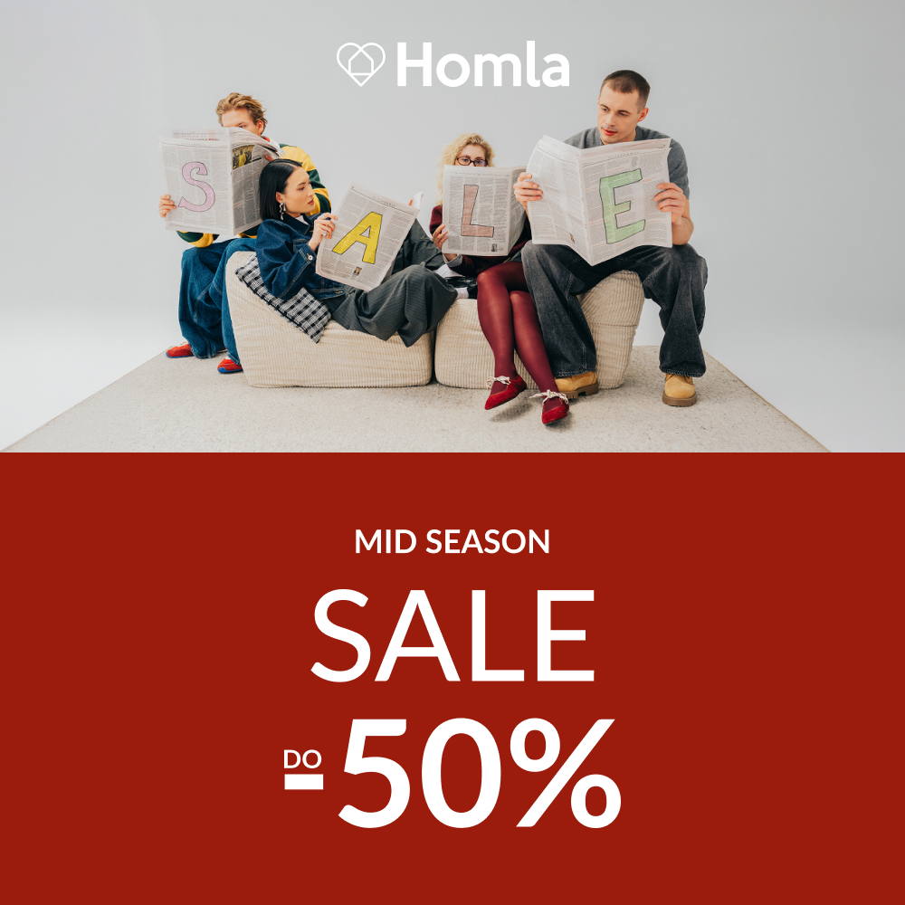 Baner promujący sezonową wyprzedaż Mid Season Sale w sklepie Homla. Informacja o rabatach sięgających 50% na asortyment wyposażenia wnętrz.