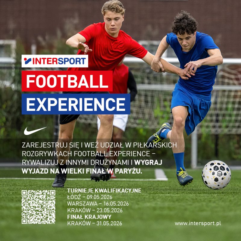 Plakat promujący turniej piłkarski Football Experience INTERSPORT z nagrodą wyjazdu do Paryża.