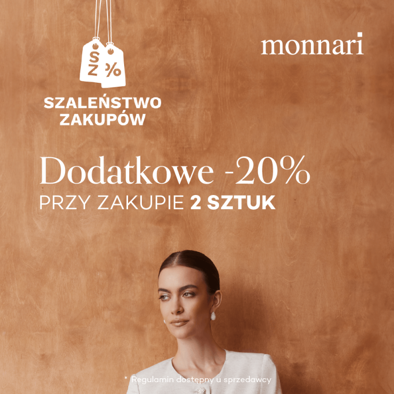 Grafika promocyjna akcji Szaleństwo Zakupów w Monnari, informująca o rabacie na zakupy wielosztukowe -20%.