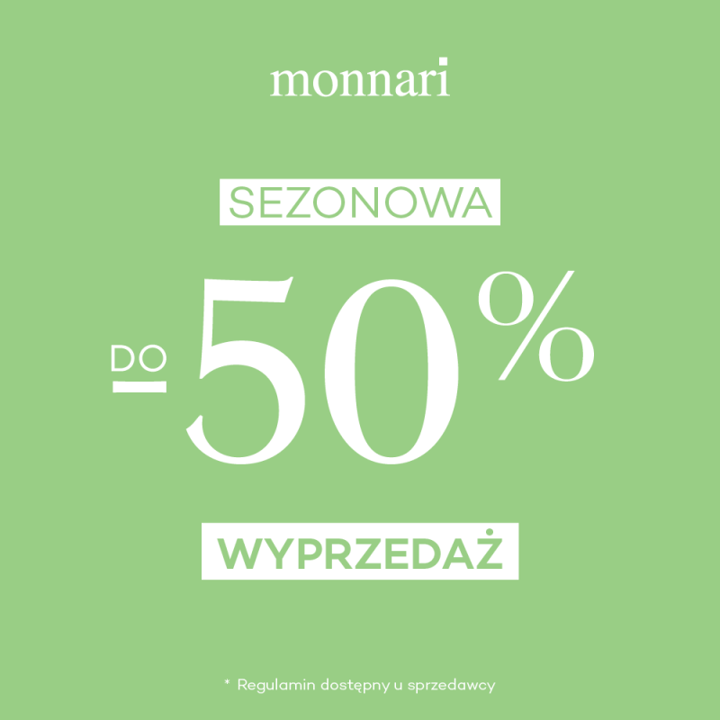 Grafika promocyjna informująca o wyprzedaży kolekcji wiosennej w salonie Monnari, do -50%.
