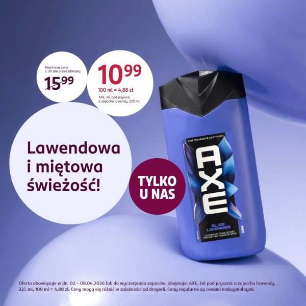 Grafika produktowa przedstawiająca nową ofertę promocyjną drogerii Rossmann. Prezentuje żel pod prysznic \