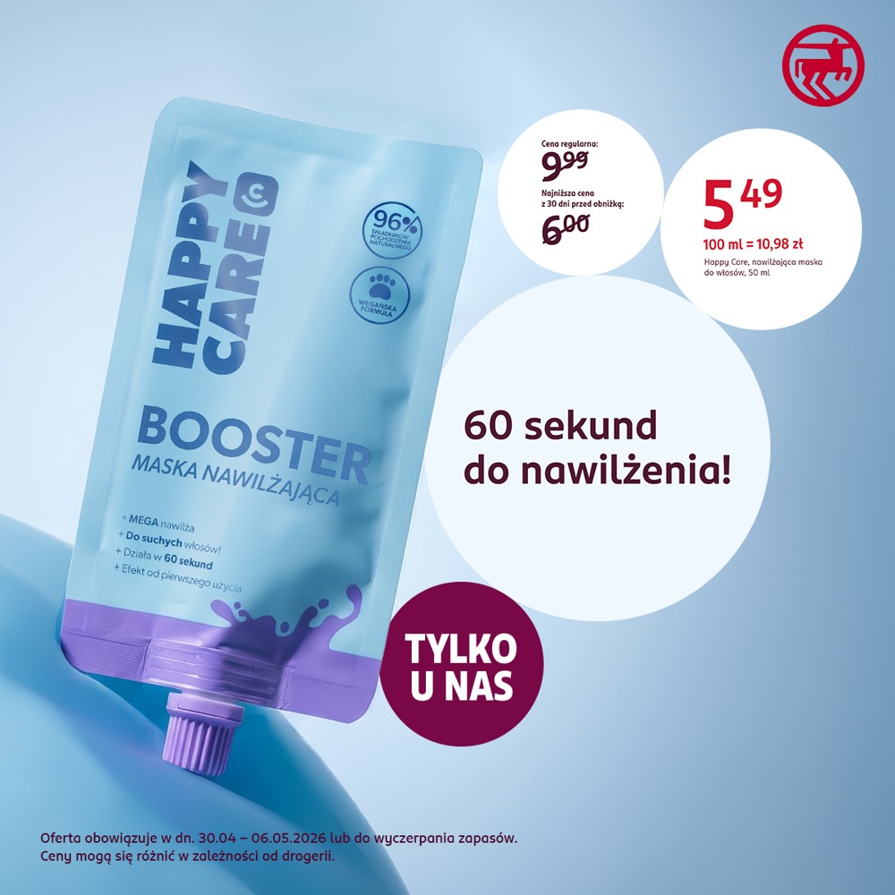 Grafika promocyjna maski do włosów Happy Care Booster w drogerii Rossmann. Produkt w jasnoniebieskiej saszetce oferowany w cenie 5,49 zł z hasłem „60 sekund do nawilżenia!”.