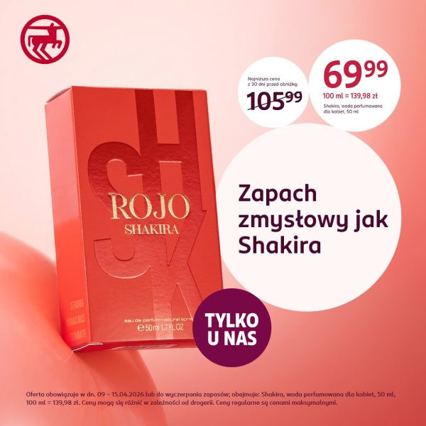 Czerwony flakon perfum Shakira Rojo w promocyjnej cenie w drogerii Rossmann Galeria Młociny.