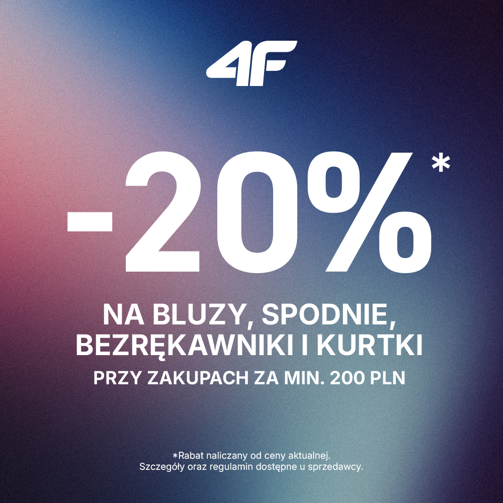 Grafika promocyjna marki 4F przedstawiająca ofertę rabatową na tle o fioletowo-niebieskim gradiencie. Na środku widnieje duży biały napis „-20%” z gwiazdką, a poniżej informacja, że zniżka dotyczy bluz, spodni, bezrękawników i kurtek. Na dole znajduje się dopisek o minimalnej kwocie zakupu 200 PLN oraz informacja, że rabat naliczany jest od ceny aktualnej.