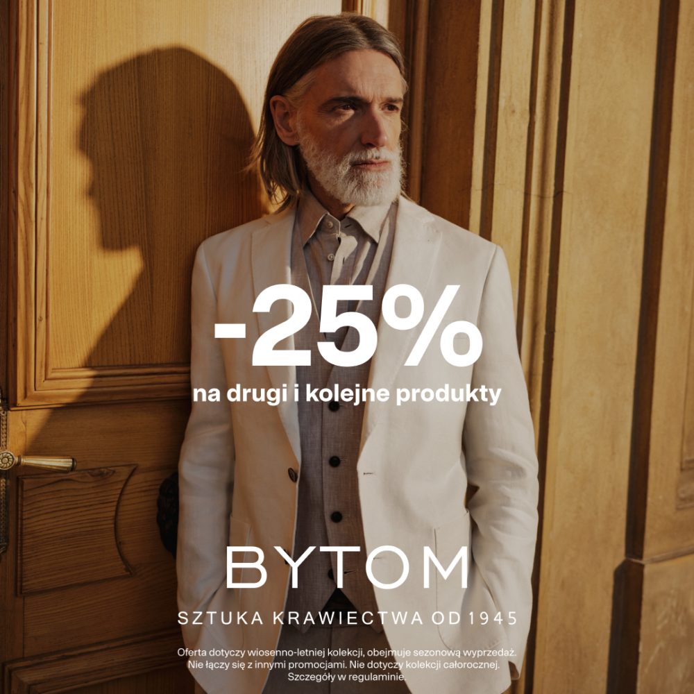 djęcie prezentujące stylowego mężczyznę w jasnym, letnim garniturze BYTOM. Informacja o rabacie -25% na drugi i kolejny produkt.