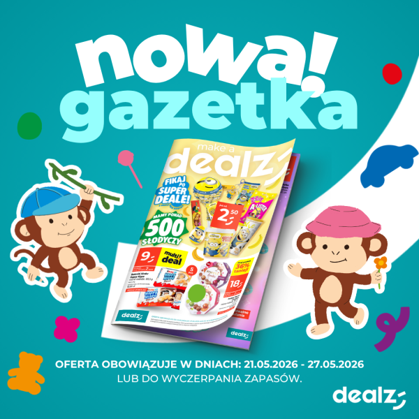 Grafika reklamowa sieci Dealz prezentuje najnowszą gazetkę promocyjną na turkusowym tle z dużym, białym napisem „nowa! gazetka”. Po bokach ulotki umieszczono rysunkowe postacie dwóch wesołych małpek w czapkach, a na dole podano informację o terminie obowiązywania oferty oraz logo marki.