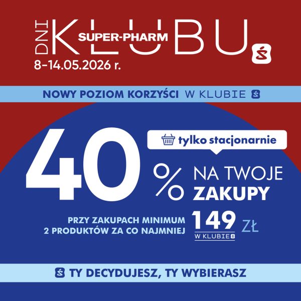 Grafika promocyjna Super-Pharm informująca o Dniach Klubu trwających od 8 do 14 maja 2026 roku. Na czerwono-granatowym tle widnieje oferta 40% rabatu na zakupy przy zakupie minimum dwóch produktów za co najmniej 149 zł w klubie, dostępna wyłącznie stacjonarnie.