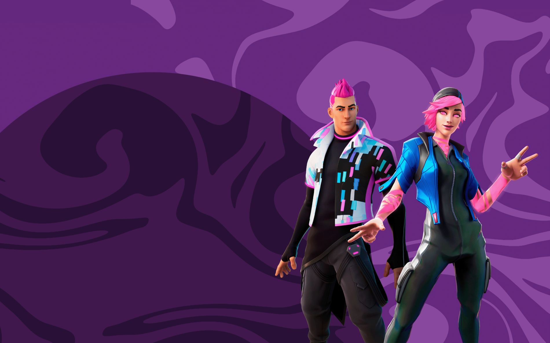 Postacie z gry Fortnite na stanowiskach gamingowych informacja o turnieju w Galerii Młociny