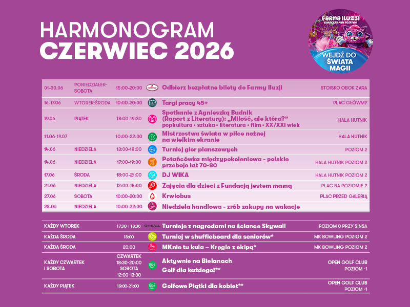 Grafika przedstawia czerwcowy harmonogram wydarzeń Galerii Młociny z podziałem na konkretne daty i opisy atrakcji. Całość została zaprojektowana na pastelowym, wielokolorowym tle z geometrycznymi wzorami, a w prawym górnym narożniku widoczne jest logo centrum handlowego.