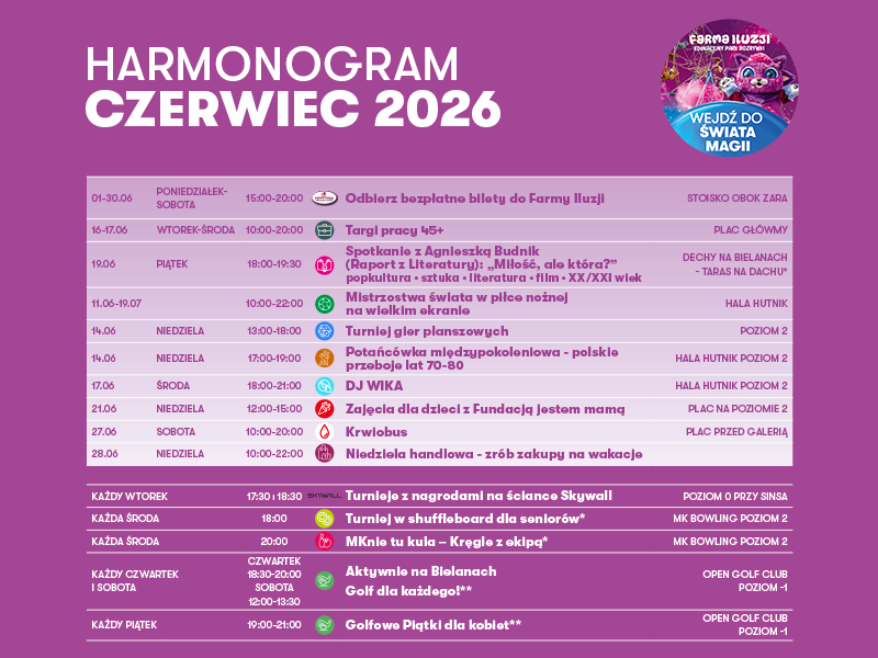 Grafika przedstawia czerwcowy harmonogram wydarzeń Galerii Młociny z podziałem na konkretne daty i opisy atrakcji. Całość została zaprojektowana na pastelowym, wielokolorowym tle z geometrycznymi wzorami, a w prawym górnym narożniku widoczne jest logo centrum handlowego.