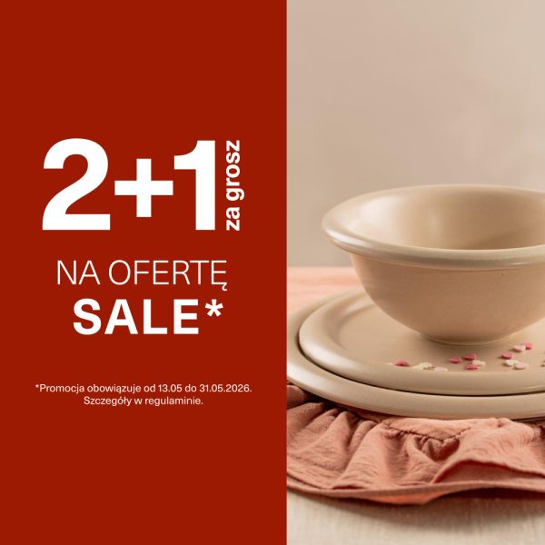 Grafika reklamowa marki Homla przedstawia beżowe naczynia ceramiczne, w tym miskę stojącą na talerzach, udekorowane drobnymi elementami w kształcie serduszek na pastelowym obrusie. Po lewej stronie, na ciemnoczerwonym tle, umieszczono duży biały napis informujący o promocji „2+1 za grosz NA OFERTĘ SALE*”.