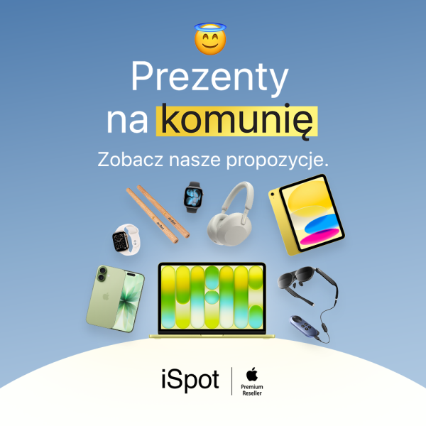 Minimalistyczne, jasne zdjęcie prezentujące różnego rodzaju sprzęty salonu iSpot, które są idealnym prezentem na komunię.