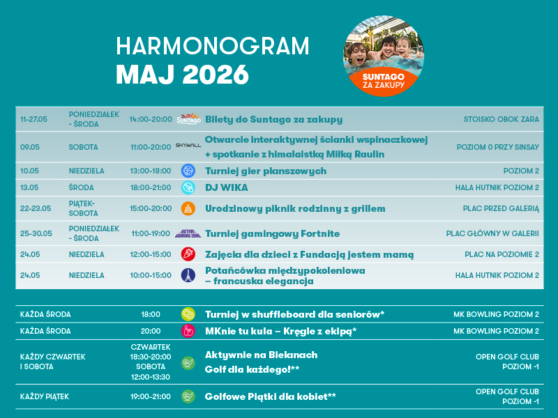Tabela z harmonogramem wydarzeń na maj 2026 w Galerii Młociny obejmująca Targ Winylowy oraz Jarmark Włoski
