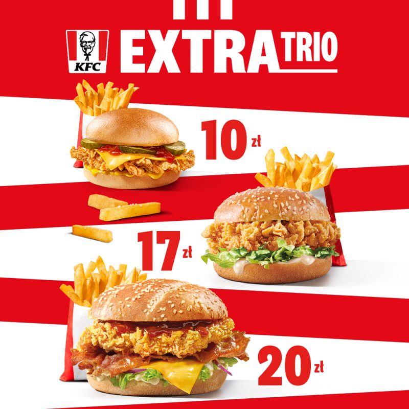 Reklama KFC prezentująca trzy burgery z chrupiącym kurczakiem oraz frytki w ramach promocji „EXTRA TRIO”. Na czerwonym tle umieszczono ceny poszczególnych kanapek: 10 zł, 17 zł oraz 20 zł.