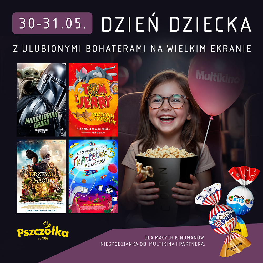 Grafika reklamowa sieci Multikino przedstawia uśmiechniętą dziewczynkę w okularach, która siedzi w fotelu kinowym z dużym kubełkiem popcornu i różowym balonem. Po lewej stronie widoczne są cztery plakaty filmów dla dzieci, a na górze umieszczono duży napis „DZIEŃ DZIECKA Z ULUBIONYMI BOHATERAMI NA WIELKIM EKRANIE”.