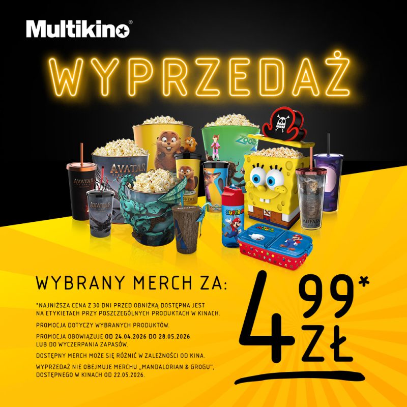 Grafika reklamowa informuje o wyprzedaży gadżetów filmowych w Multikinie, oferując wybrany merch w cenie od 4,99 zł. Na żółto-czarnym tle wyeksponowano różnorodne kubki, pojemniki na popcorn i akcesoria z motywami z takich filmów jak „Avatar”, „SpongeBob”, „Super Mario” czy „Król Lew”.