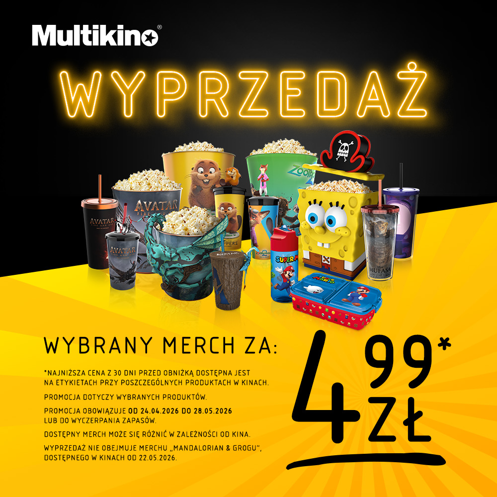 Grafika reklamowa informuje o wyprzedaży gadżetów filmowych w Multikinie, oferując wybrany merch w cenie od 4,99 zł. Na żółto-czarnym tle wyeksponowano różnorodne kubki, pojemniki na popcorn i akcesoria z motywami z takich filmów jak „Avatar”, „SpongeBob”, „Super Mario” czy „Król Lew”.