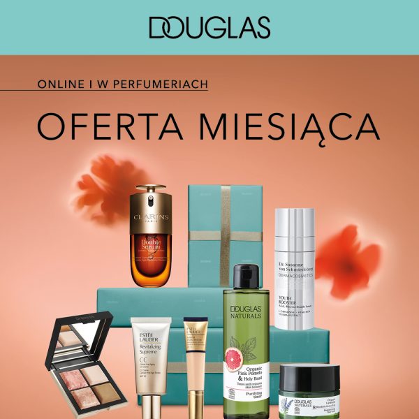 Grafika promocyjna sieci Douglas pod hasłem „OFERTA MIESIĄCA”, dostępna online i stacjonarnie. Na brzoskwiniowym tle zaprezentowano luksusowe kosmetyki marek takich jak Clarins, Estée Lauder, Dr Irena Eris oraz Douglas Naturals. Całość uzupełniają błękitne pudełka prezentowe i subtelne motywy kwiatowe.