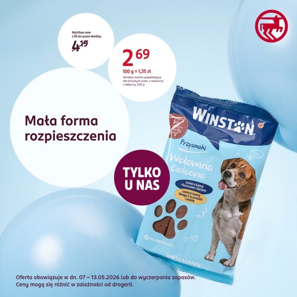 Promocyjna grafika sieci Rossmann przedstawiająca przysmak dla psów marki Winston o smaku wołowiny i cielęciny. Na tle w odcieniach jasnego błękitu widoczne jest opakowanie produktu z wizerunkiem psa, informacją o cenie 2,69 zł oraz oznaczeniem „Tylko u nas”.