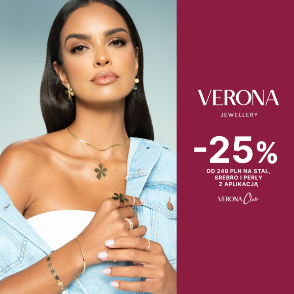 Grafika reklamowa marki Verona Jewellery prezentująca kobietę w jeansowej stylizacji, ubraną w złotą biżuterię z kwiatowym motywem. Z boku umieszczono informację o promocji -25% na biżuterię ze stali, srebra i pereł przy zakupach od 249 zł z aplikacją Verona Club.