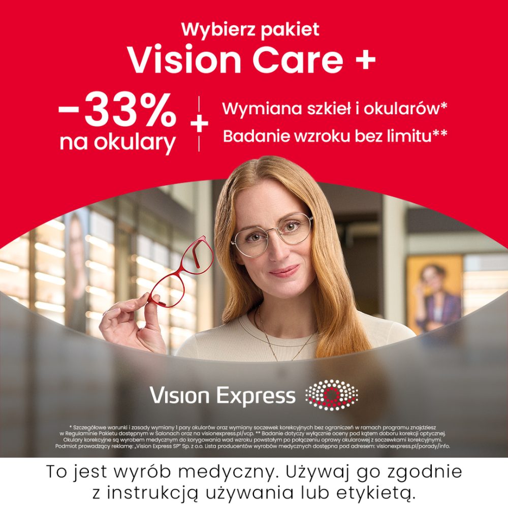 Reklama pakietu Vision Care + informuje o zniżce -33% na zakup okularów oraz dodatkowych usługach serwisowych i diagnostycznych. Zdjęcie przedstawia rudowłosą kobietę prezentującą oprawki okularowe, a u dołu grafiki widnieje stopka z regulaminem i informacją o wyrobie medycznym.