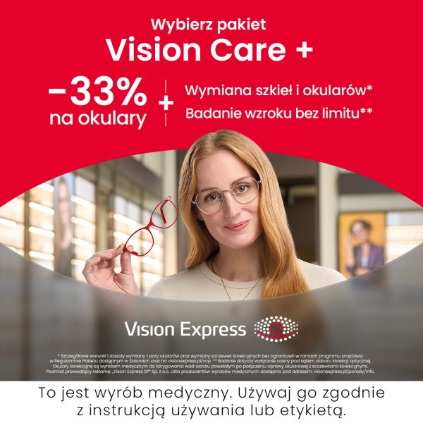 Reklama pakietu Vision Care + informuje o zniżce -33% na zakup okularów oraz dodatkowych usługach serwisowych i diagnostycznych. Zdjęcie przedstawia rudowłosą kobietę prezentującą oprawki okularowe, a u dołu grafiki widnieje stopka z regulaminem i informacją o wyrobie medycznym.