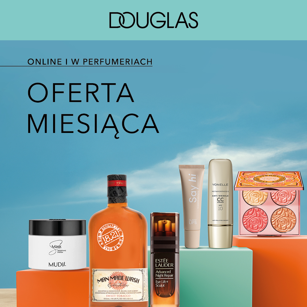 Plakat promocyjny perfumerii Douglas z dużym napisem Oferta Miesiąca, prezentujący markowe zapachy oraz produkty do pielęgnacji cery na tle czystego nieba